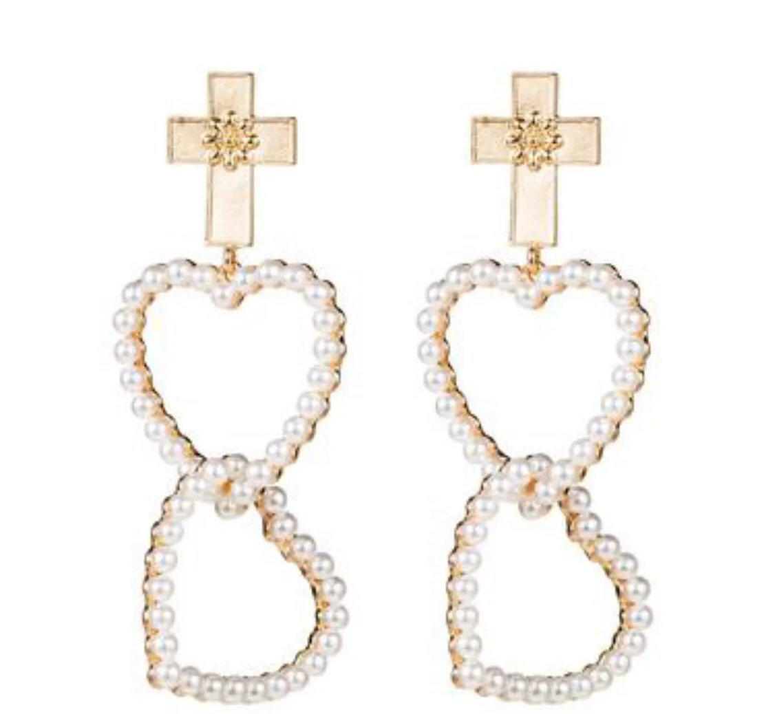 Cross Pearl Heart Drop Earrings