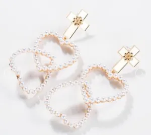 Cross Pearl Heart Drop Earrings