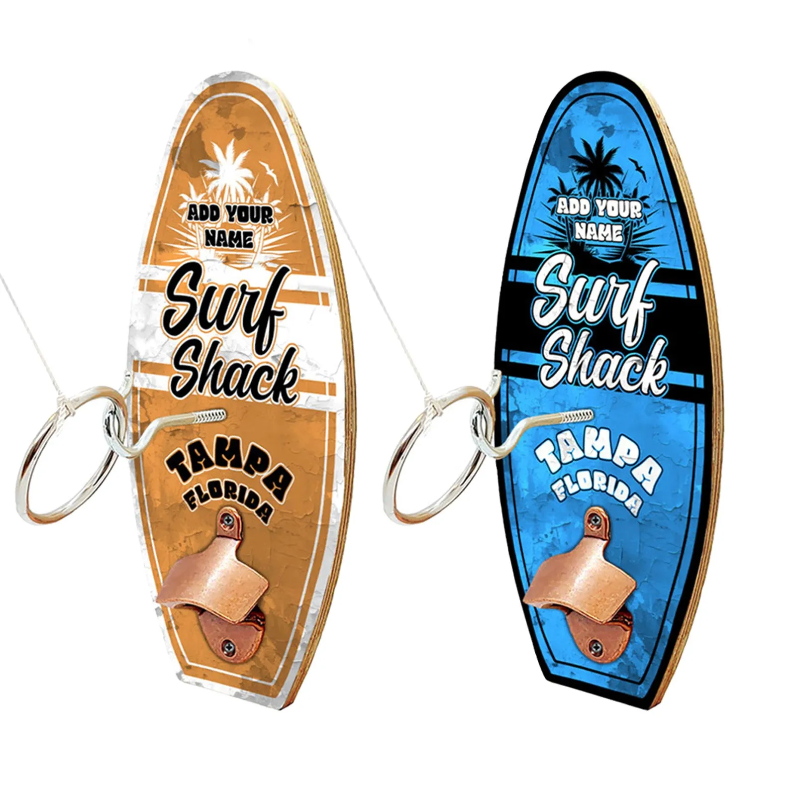 Custom Wall Surfboard Mounted Ring Toss Game W/ Bottle Opener - Surf Shack Design - Multiple Colors