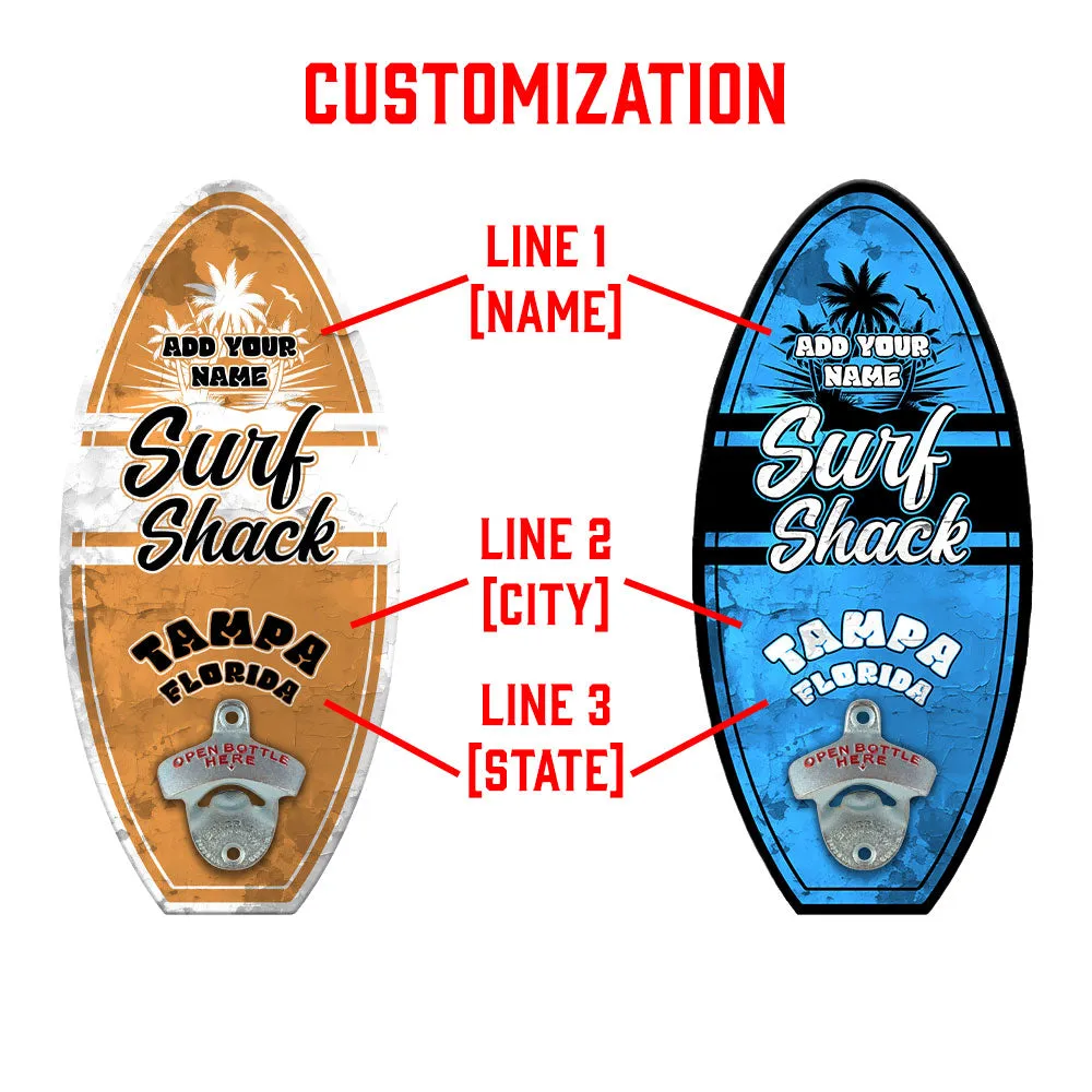 Custom Wall Surfboard Mounted Ring Toss Game W/ Bottle Opener - Surf Shack Design - Multiple Colors