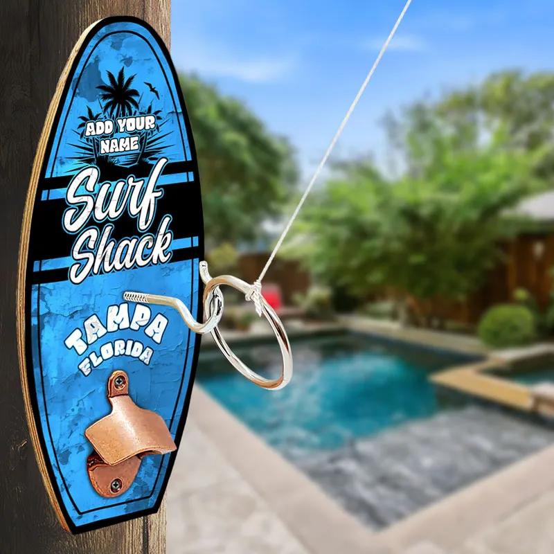 Custom Wall Surfboard Mounted Ring Toss Game W/ Bottle Opener - Surf Shack Design - Multiple Colors