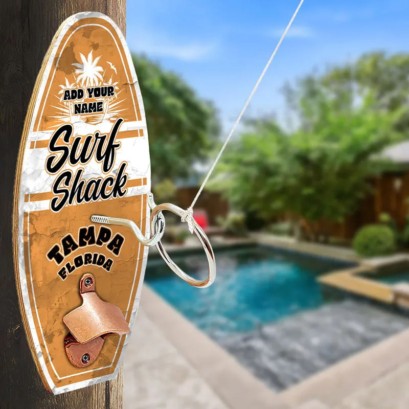 Custom Wall Surfboard Mounted Ring Toss Game W/ Bottle Opener - Surf Shack Design - Multiple Colors