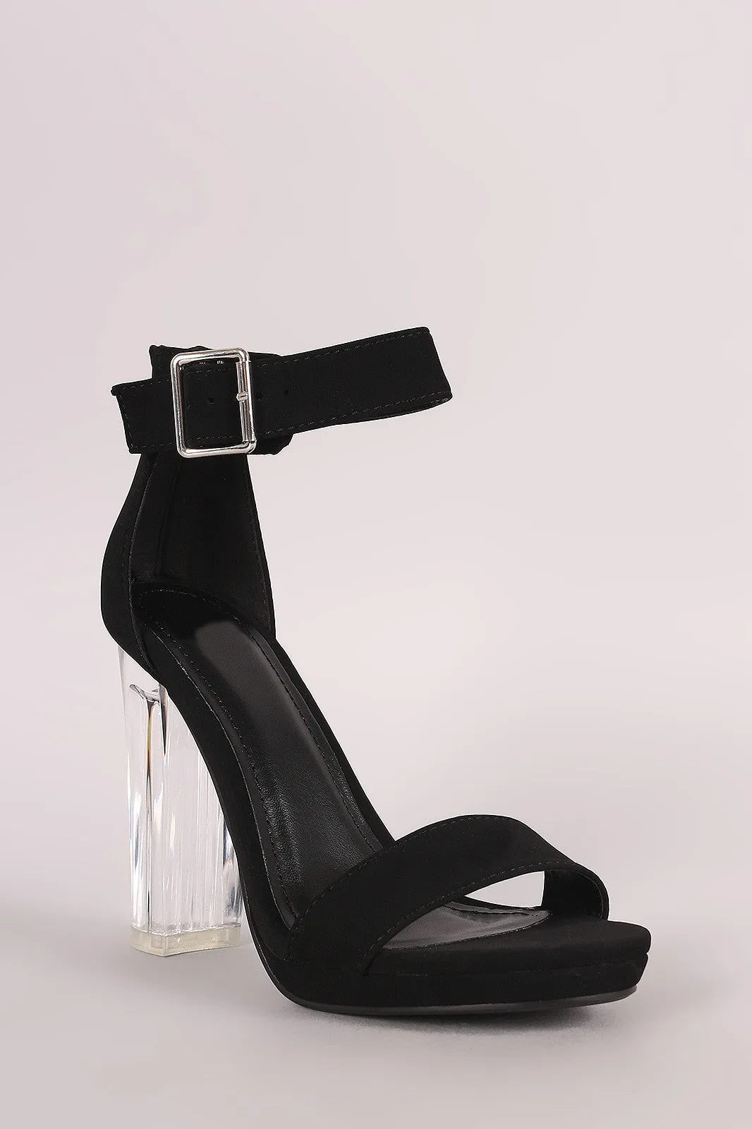 Delicious Nubuck Buckled Ankle Strap Chunky Lucite Heel