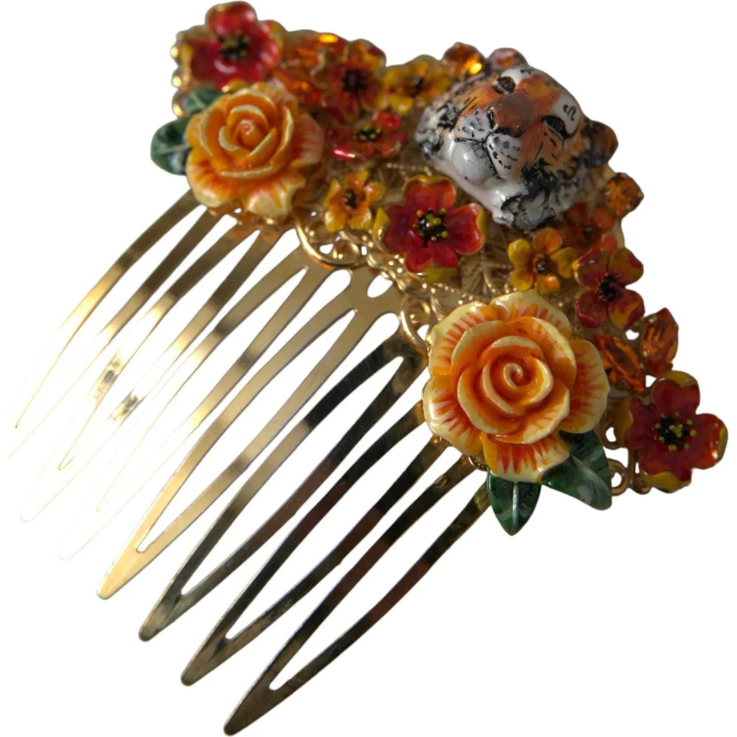 Dolce & Gabbana Gold Brass Crystal Leopard Floral Hair Comb