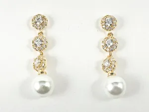 Elegant Multi Row Round Halo CZ Design Disc Bottom Pearl Gold Tone Silver Earrings