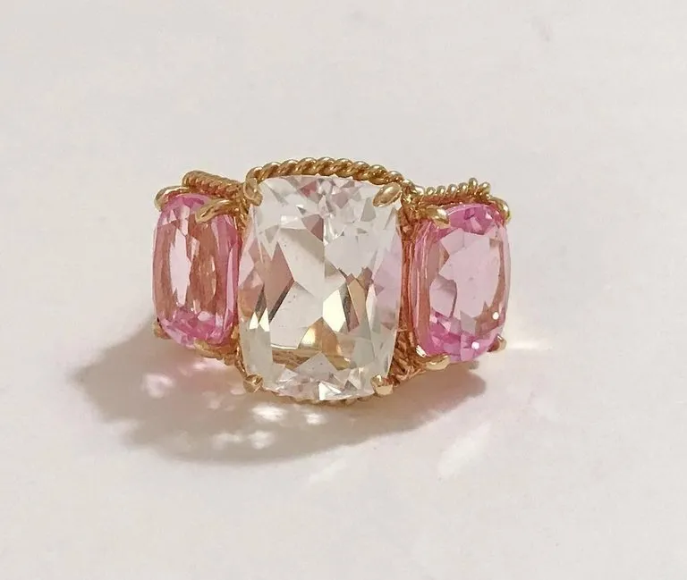 Elegant Three-Stone Rock Crystal and Pink Topaz Ring with Gold Rope Twist Border