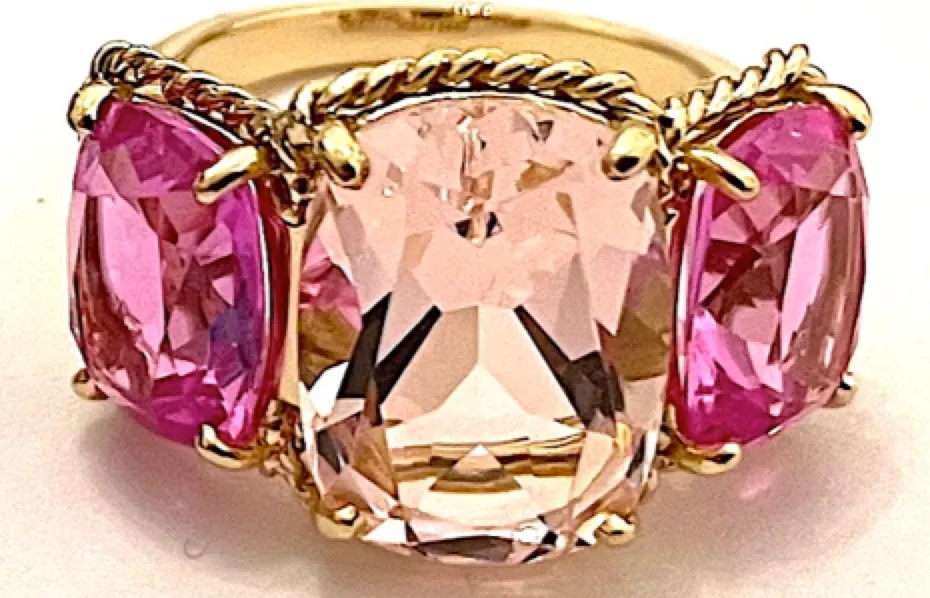 Elegant Three-Stone Rock Crystal and Pink Topaz Ring with Gold Rope Twist Border