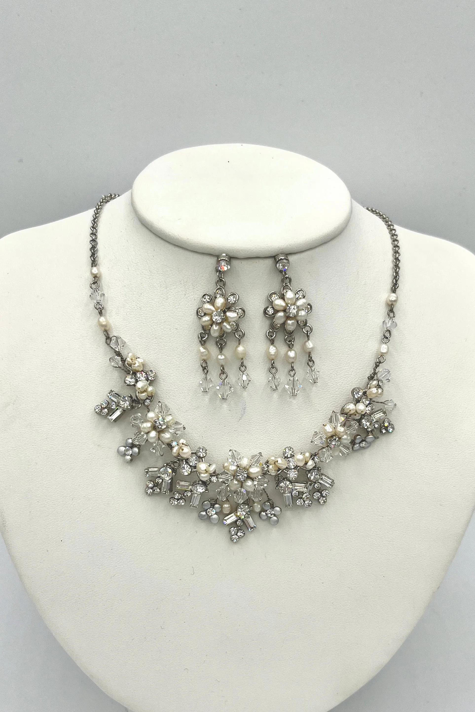 Elen Henderson Silver Floral Pearl Necklace and Earring Set