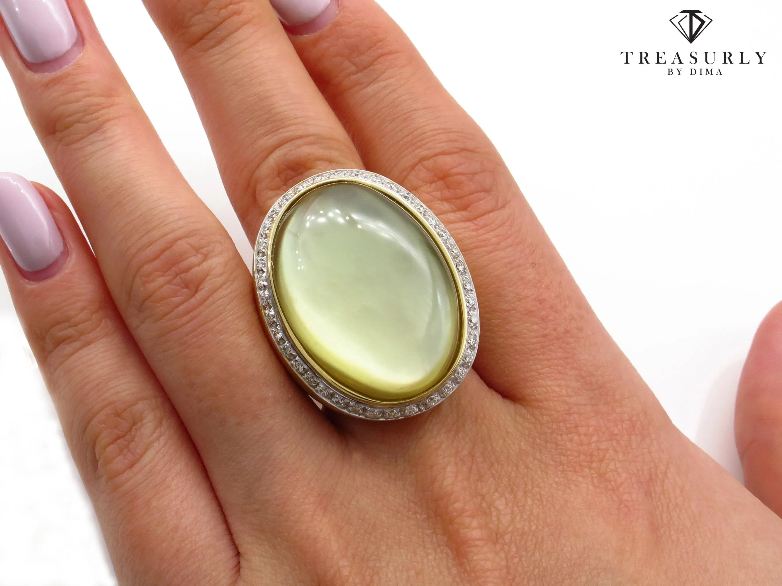 Fashion Cabochon Lemon Quartz Mother-of-Pearl Diamond 18K Yellow Gold Estate Ring