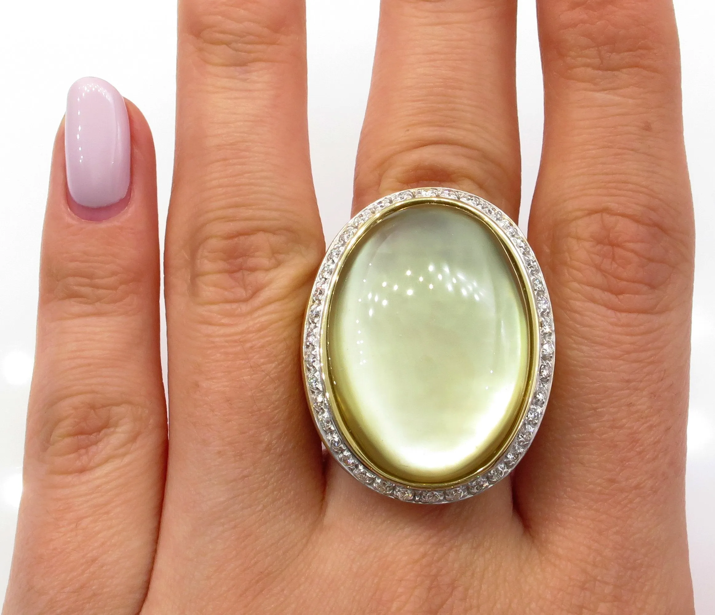 Fashion Cabochon Lemon Quartz Mother-of-Pearl Diamond 18K Yellow Gold Estate Ring