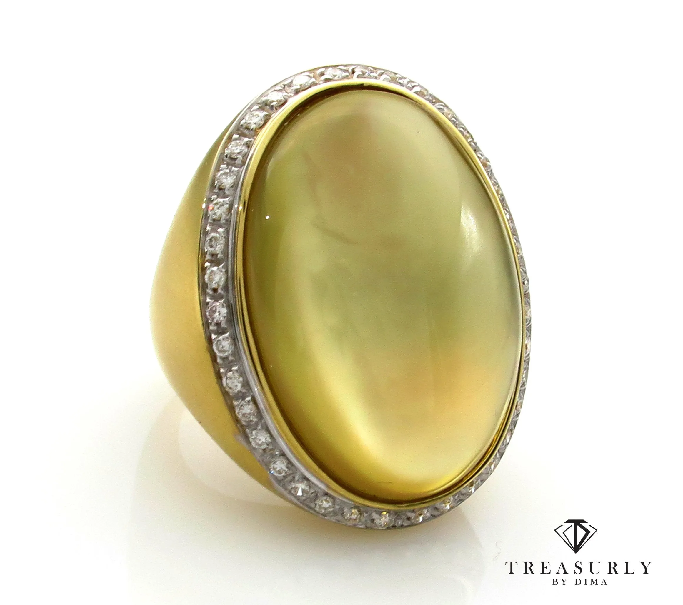 Fashion Cabochon Lemon Quartz Mother-of-Pearl Diamond 18K Yellow Gold Estate Ring