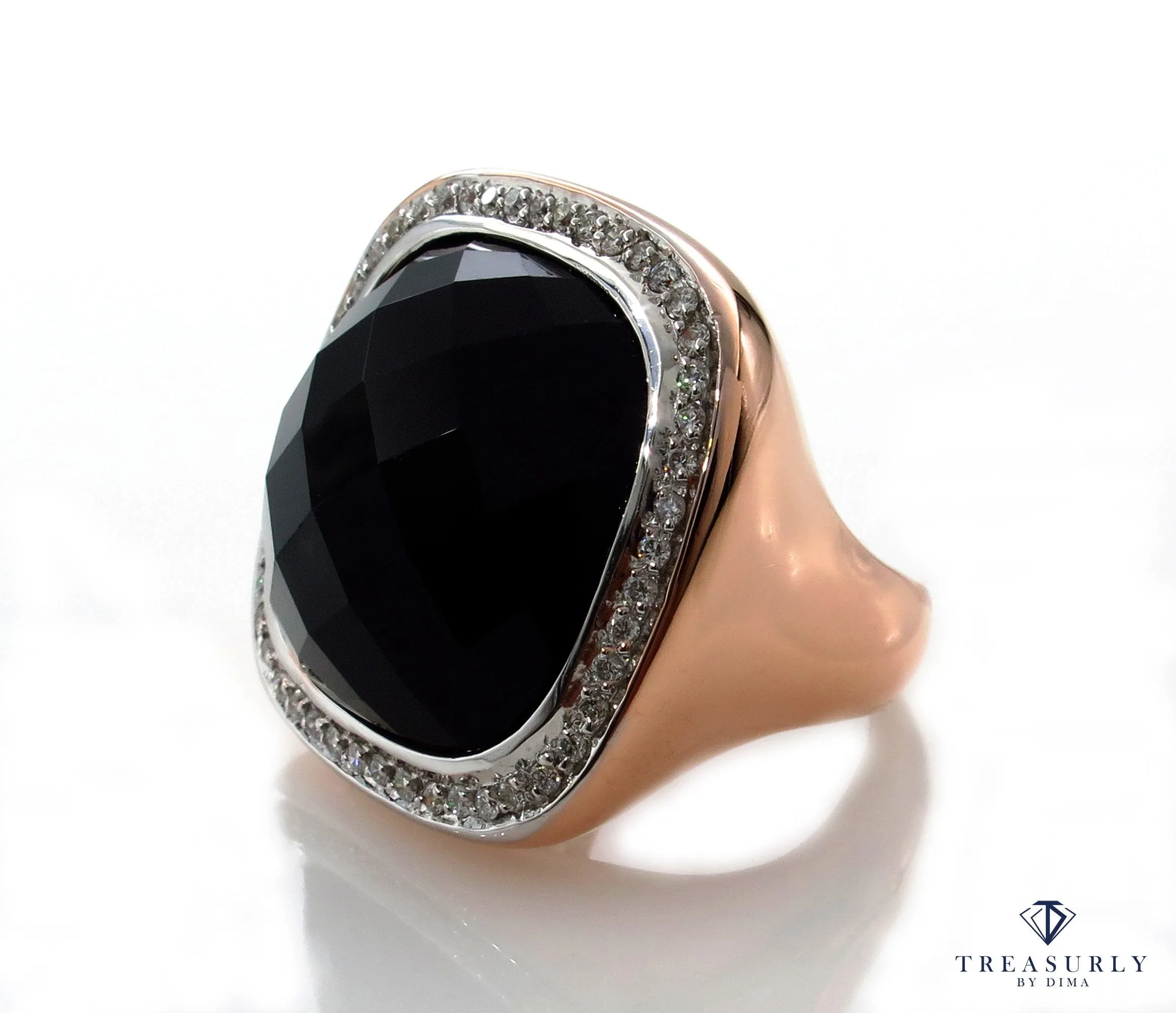 Fashion French cut Black Onyx and Diamond 18K Rose Gold Estate Ring