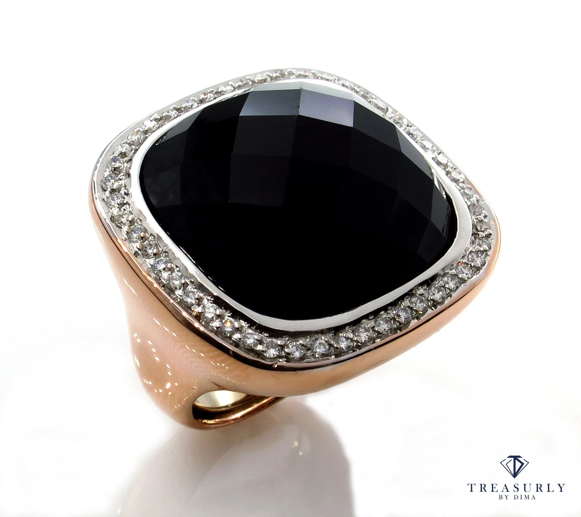 Fashion French cut Black Onyx and Diamond 18K Rose Gold Estate Ring