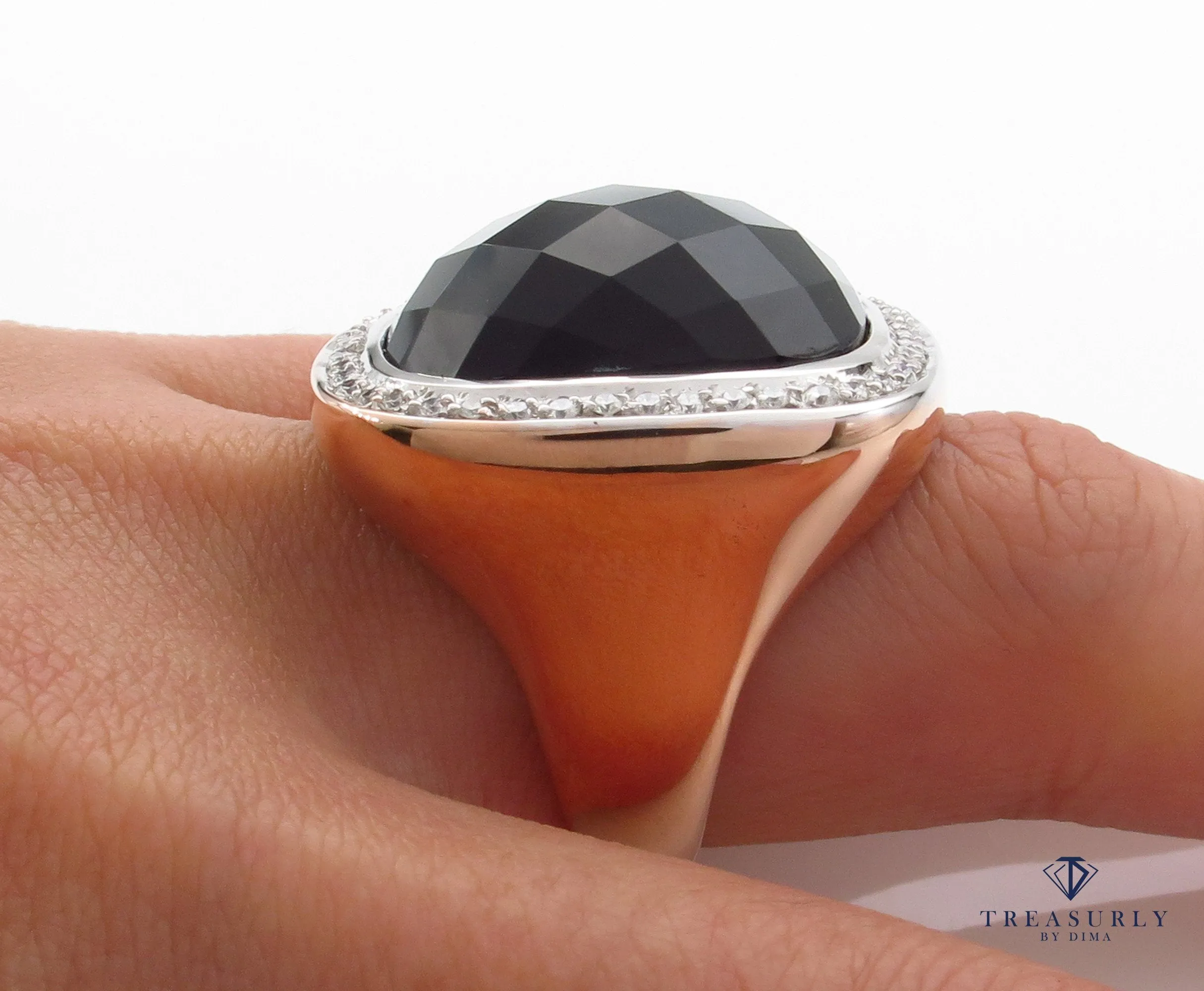 Fashion French cut Black Onyx and Diamond 18K Rose Gold Estate Ring