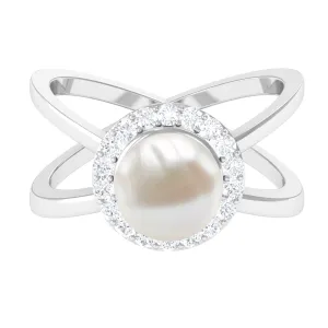 Freshwater Pearl Criss Cross Engagement Ring with Diamond Halo