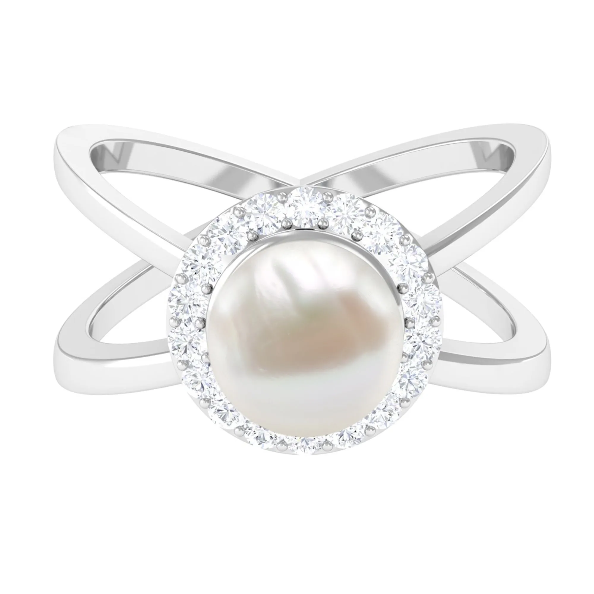 Freshwater Pearl Criss Cross Engagement Ring with Diamond Halo