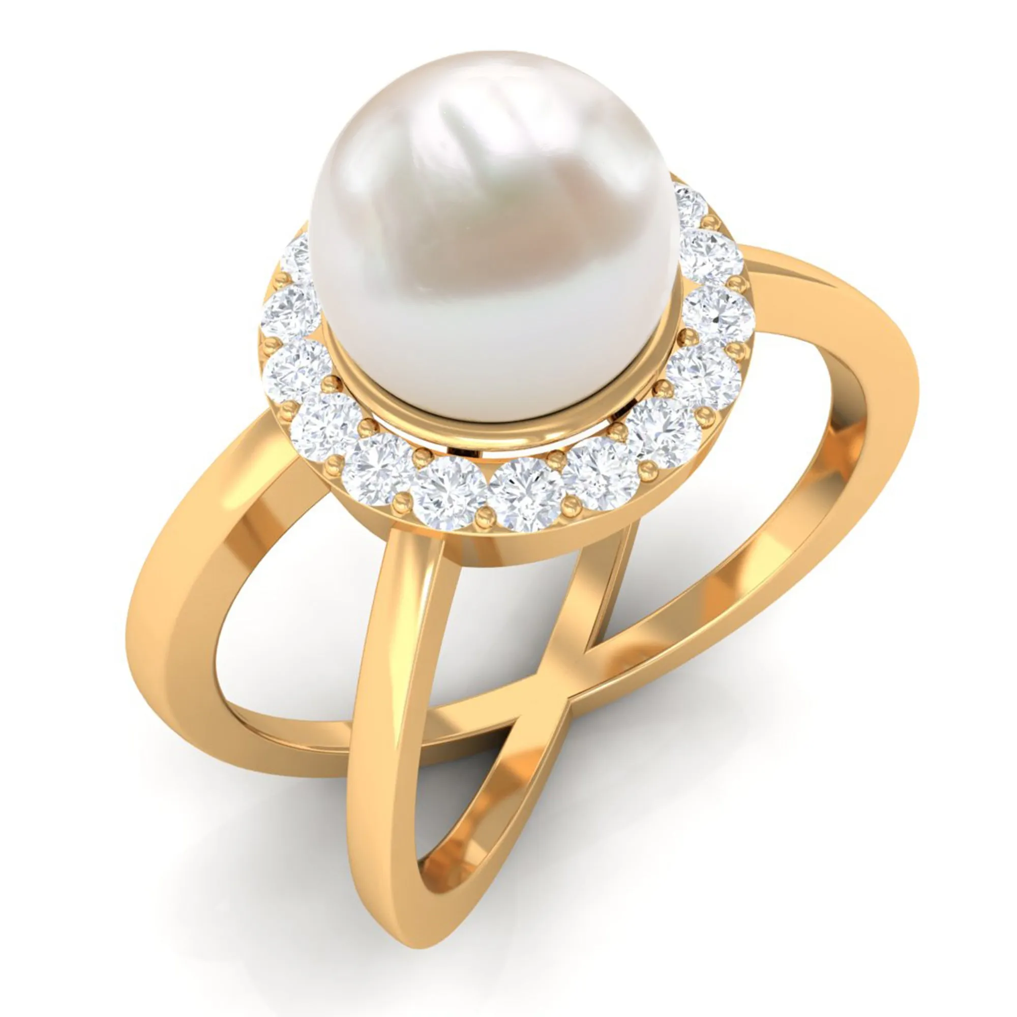 Freshwater Pearl Criss Cross Engagement Ring with Diamond Halo