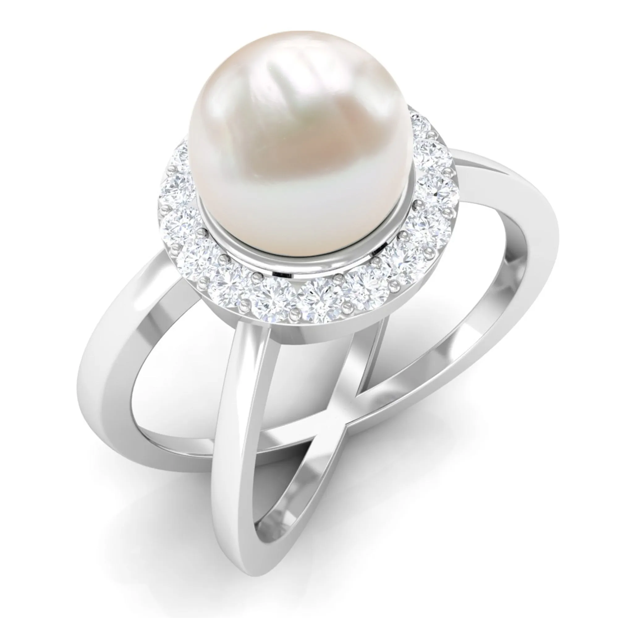 Freshwater Pearl Criss Cross Engagement Ring with Diamond Halo