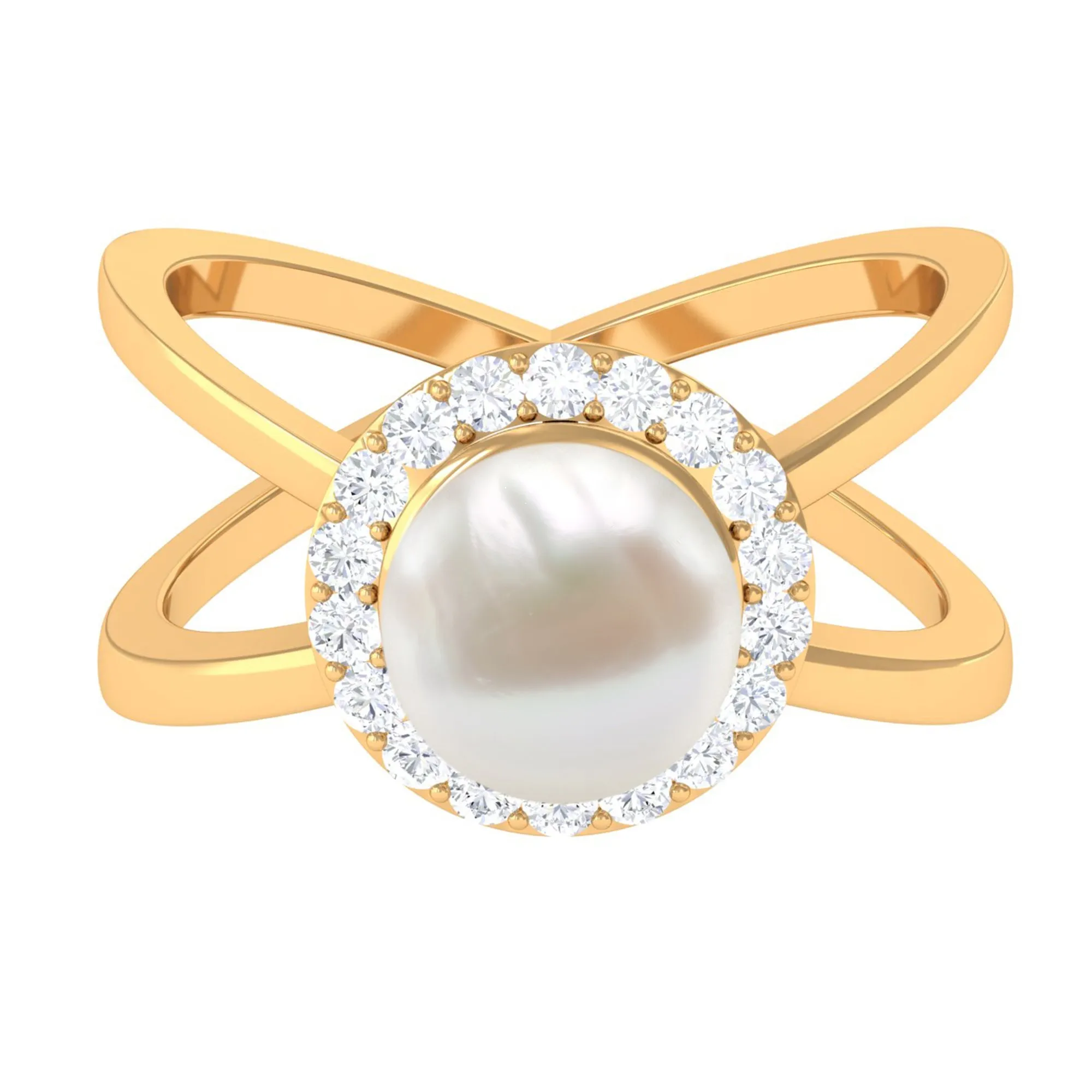 Freshwater Pearl Criss Cross Engagement Ring with Diamond Halo