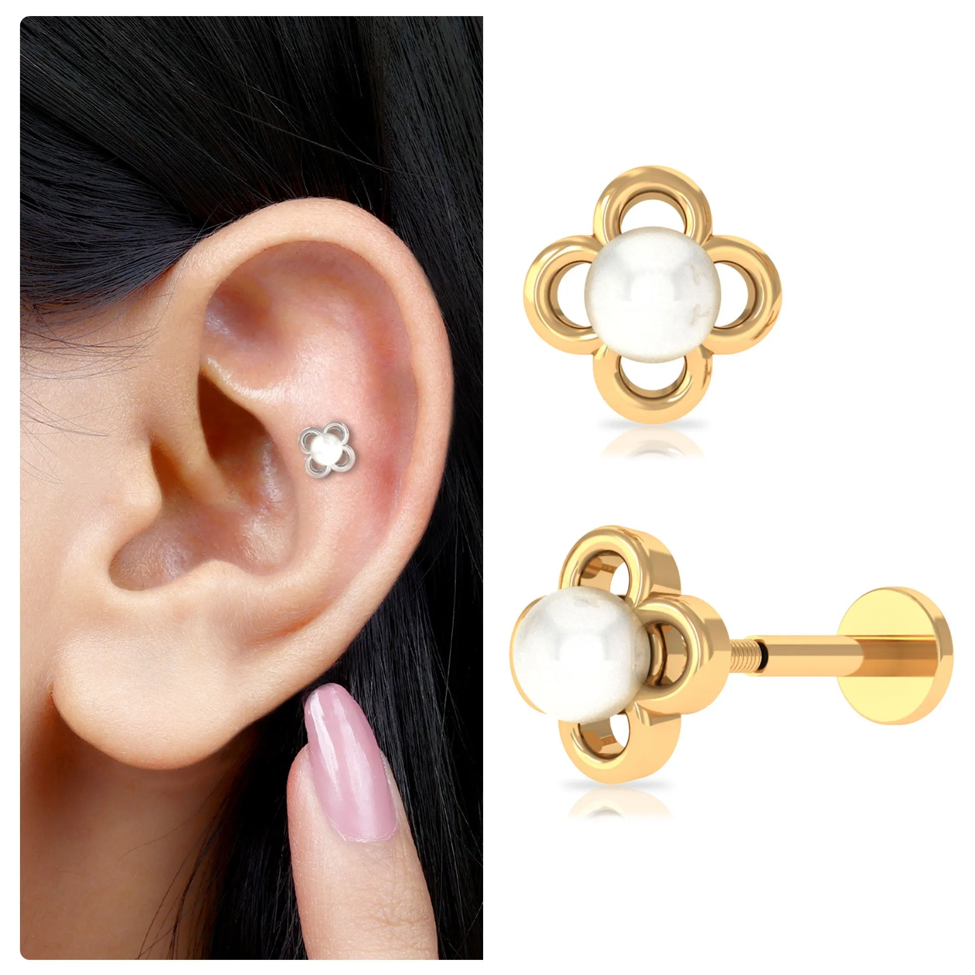 Freshwater Pearl Solitaire Flower Cartilage Earring in Gold