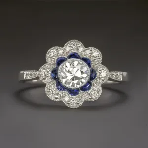 G-H VS1 OLD EUROPEAN CUT DIAMOND ENGAGEMENT RING SAPPHIRE VINTAGE STYLE HALO