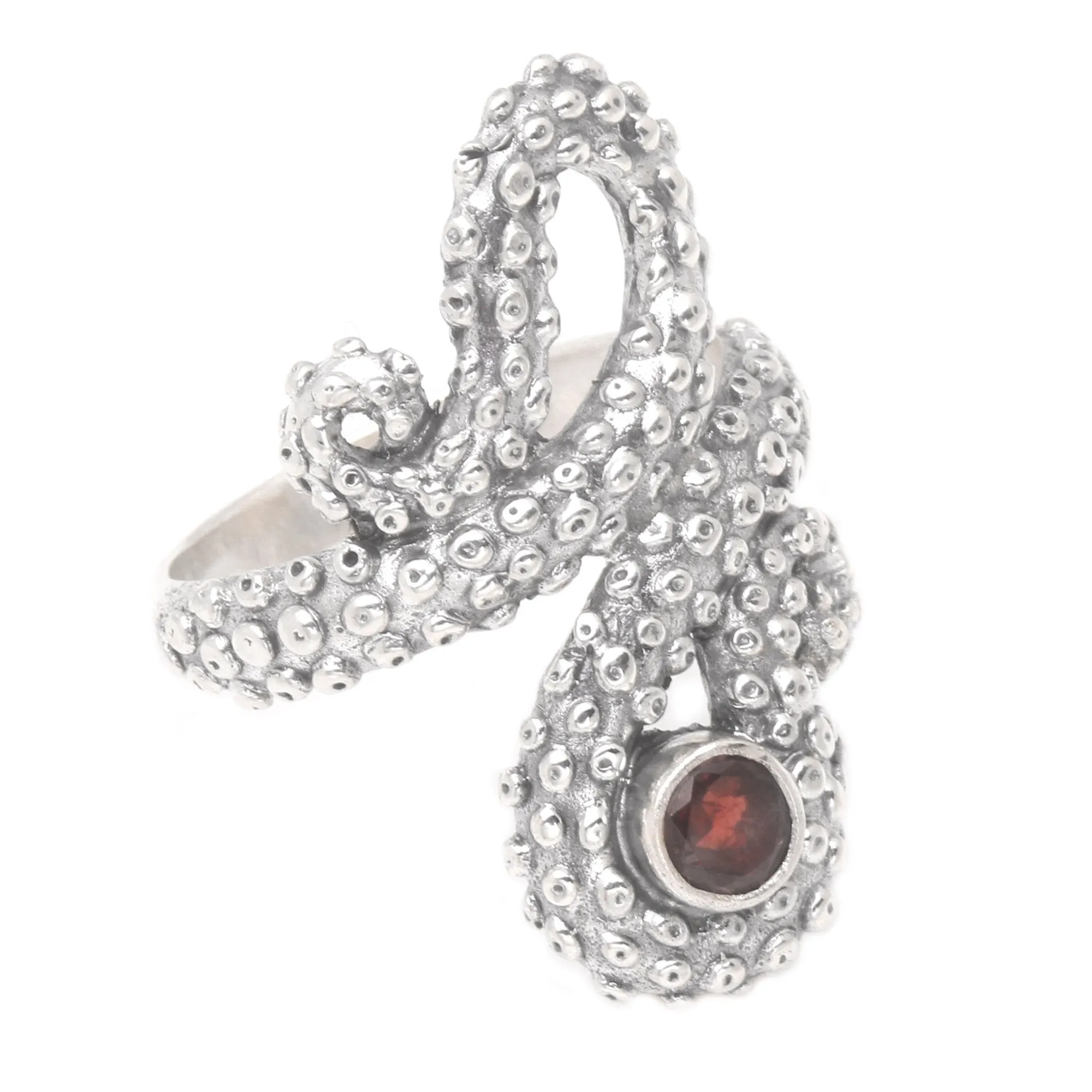 Garnet Sterling Silver Octopus Cocktail Ring from Bali - Red Intellectual | NOVICA