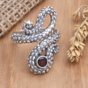 Garnet Sterling Silver Octopus Cocktail Ring from Bali - Red Intellectual | NOVICA