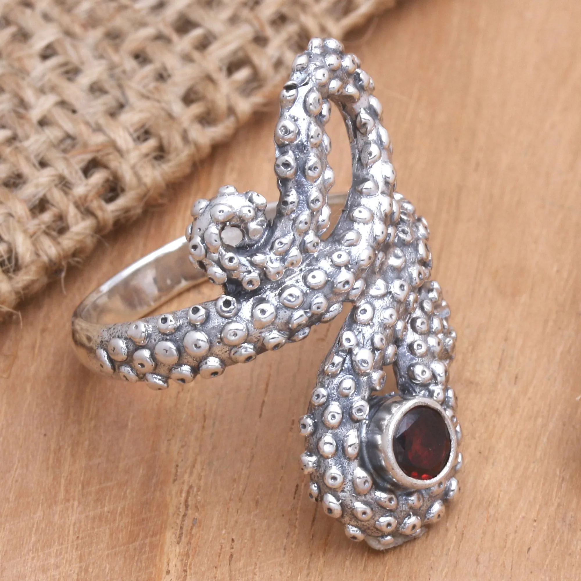 Garnet Sterling Silver Octopus Cocktail Ring from Bali - Red Intellectual | NOVICA