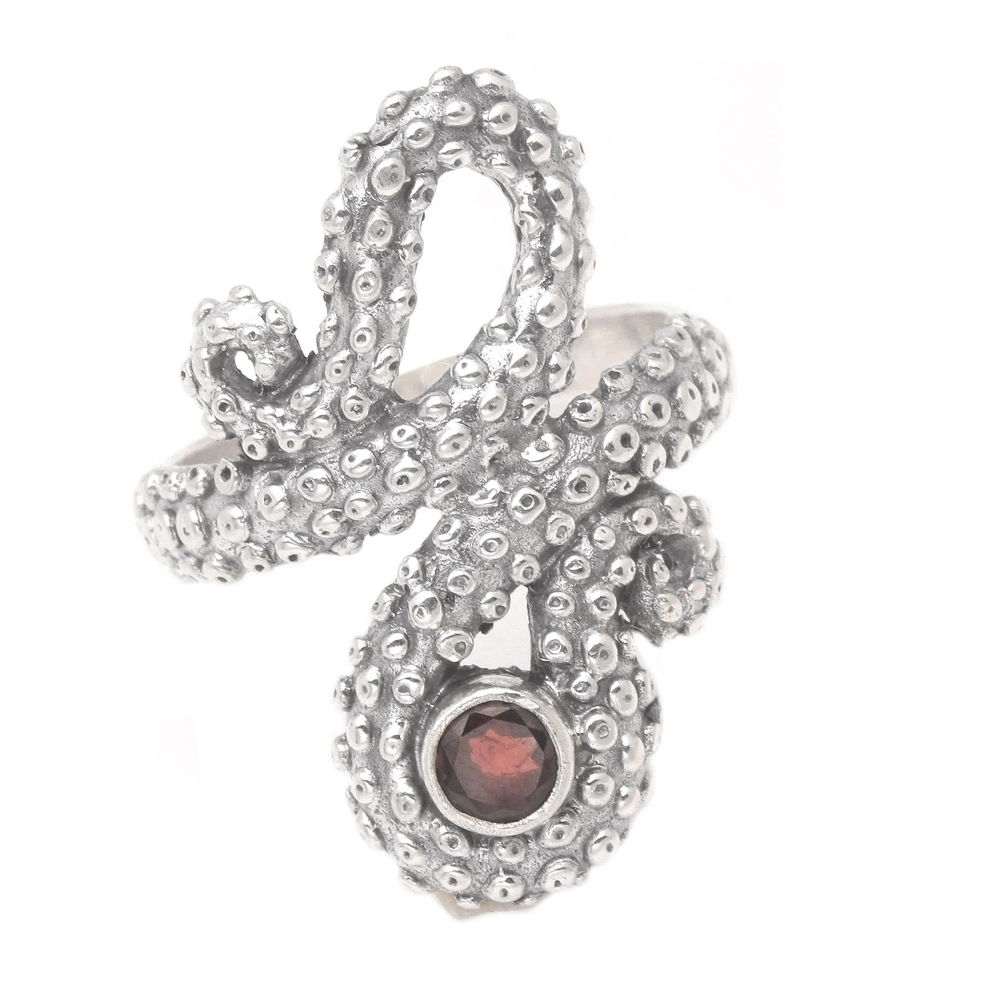 Garnet Sterling Silver Octopus Cocktail Ring from Bali - Red Intellectual | NOVICA