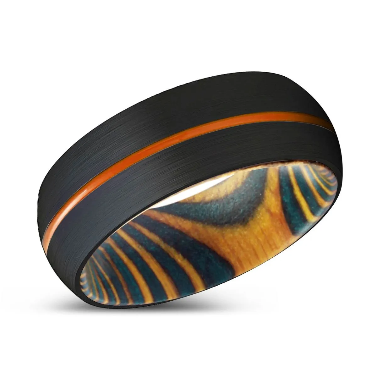 GINKO | Green & Yellow Wood, Black Tungsten Ring, Orange Groove, Domed