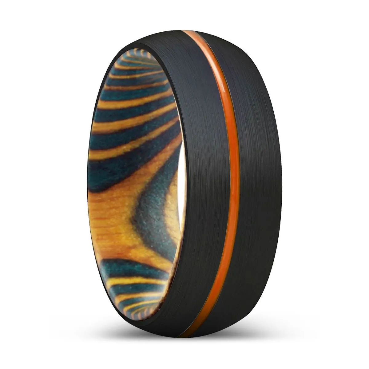 GINKO | Green & Yellow Wood, Black Tungsten Ring, Orange Groove, Domed