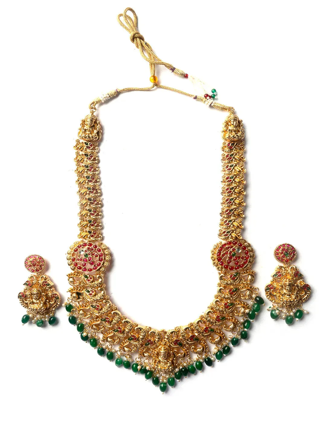 Gold Plated Mahalakshmi Long Necklace Set With Green Beads | Handcrafted Haram Set