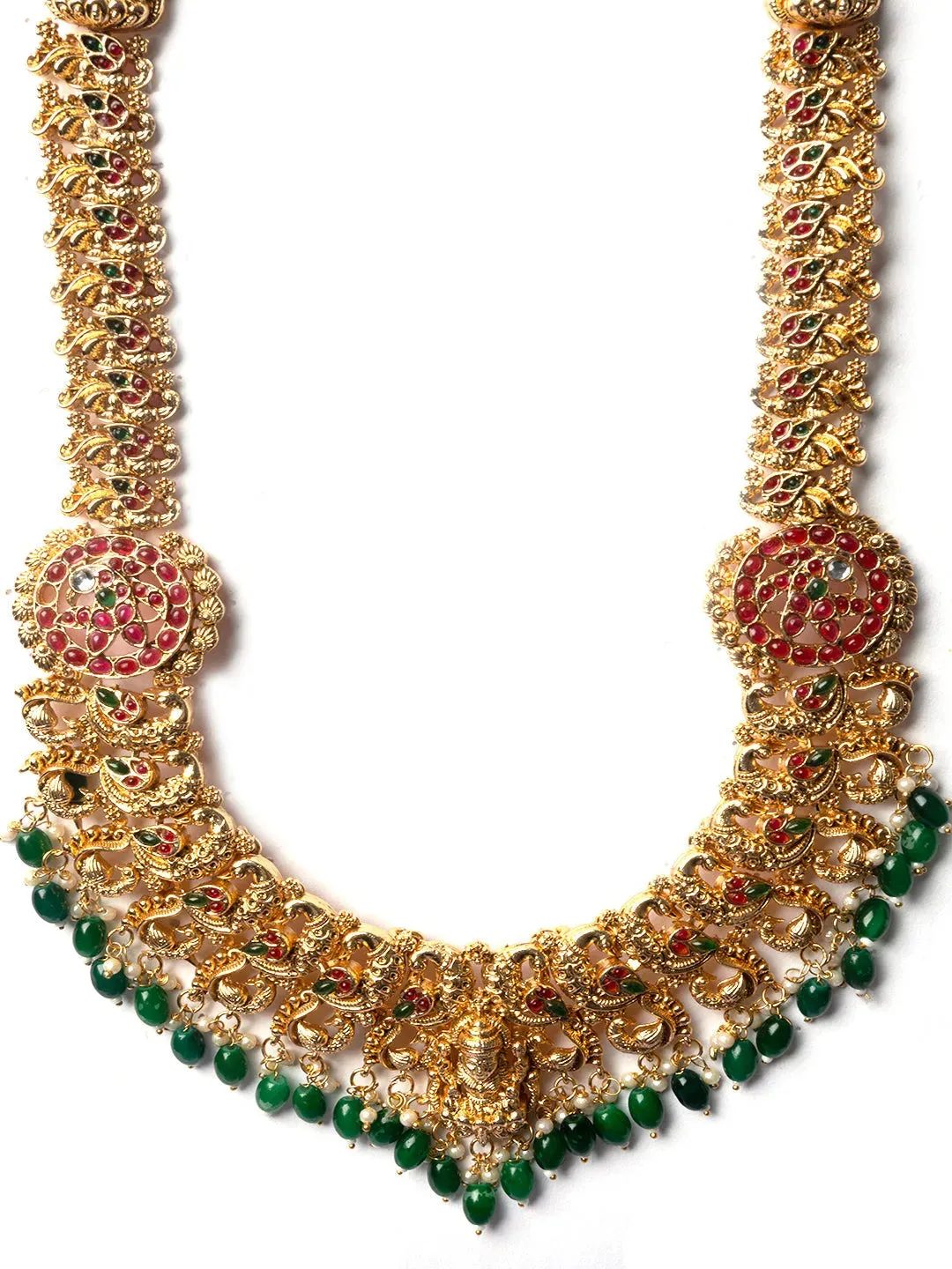 Gold Plated Mahalakshmi Long Necklace Set With Green Beads | Handcrafted Haram Set