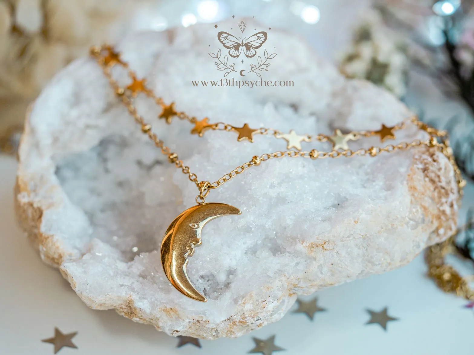 Gold stars choker and moon pendant 2 necklace set