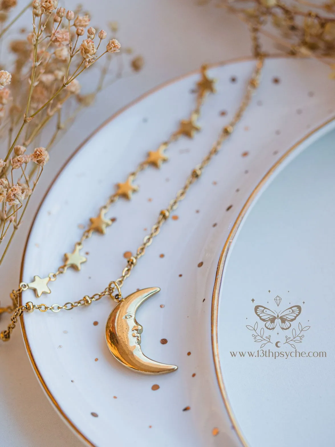 Gold stars choker and moon pendant 2 necklace set