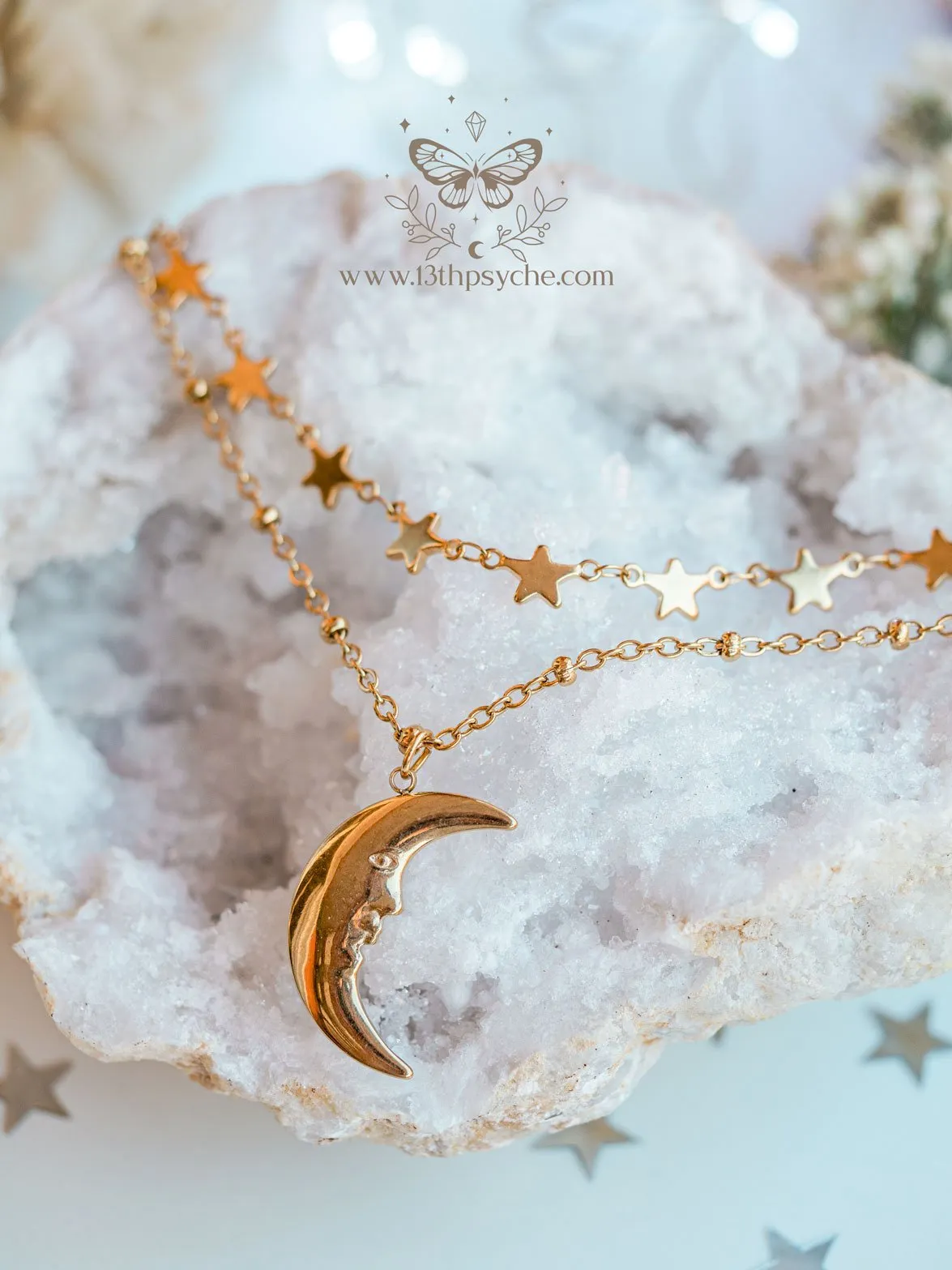 Gold stars choker and moon pendant 2 necklace set