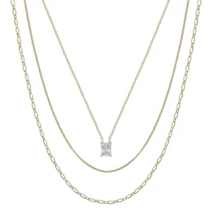 Gold Three Layered Snake Chain with Squared Pendant 16"-18" Necklace