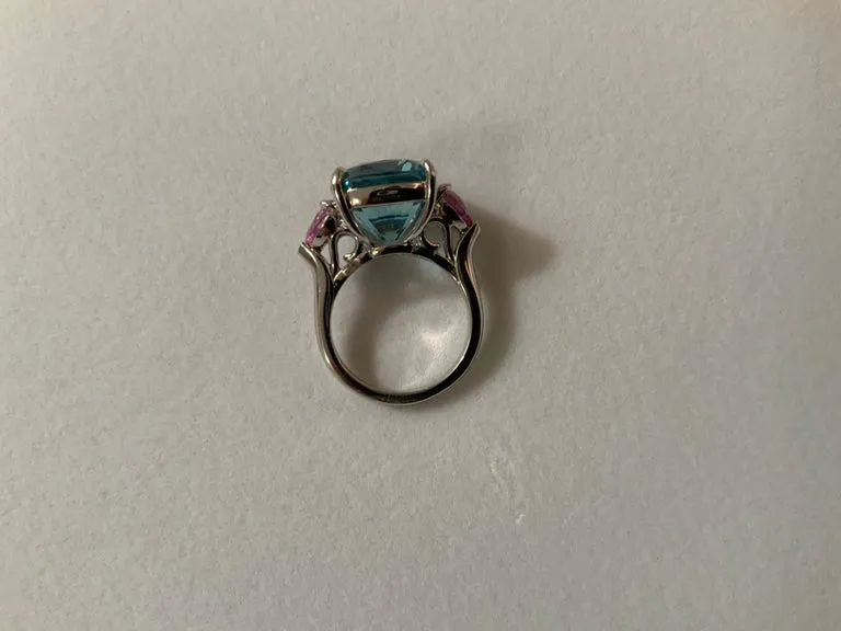 Gorgeous Aquamarine and Pink Topaz Three-Stone Ring set in White Gold