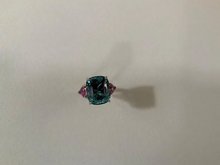 Gorgeous Aquamarine and Pink Topaz Three-Stone Ring set in White Gold