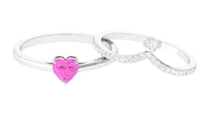 Heart Shape Pink Sapphire Stackable Ring Set with Diamond