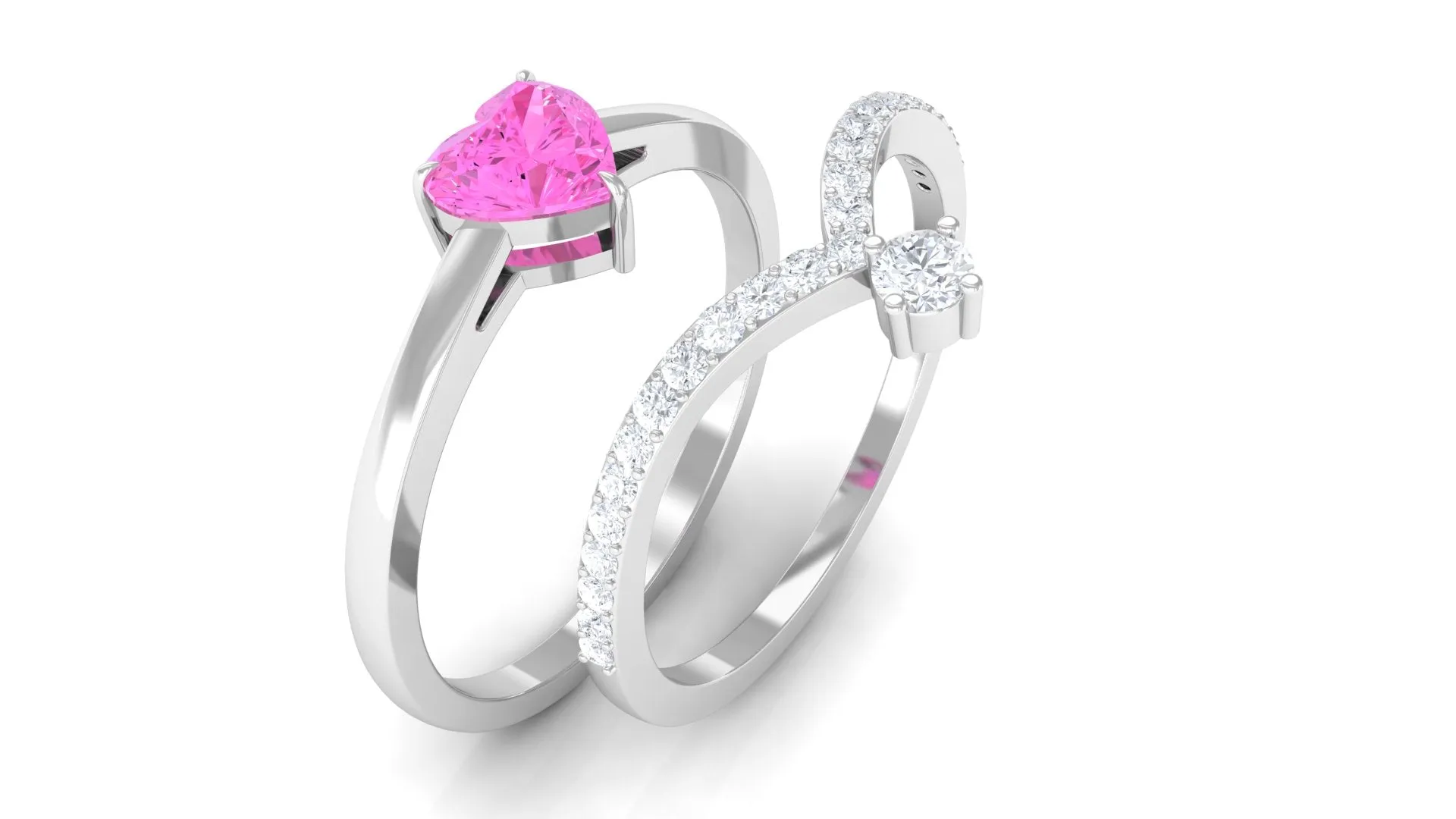 Heart Shape Pink Sapphire Stackable Ring Set with Diamond