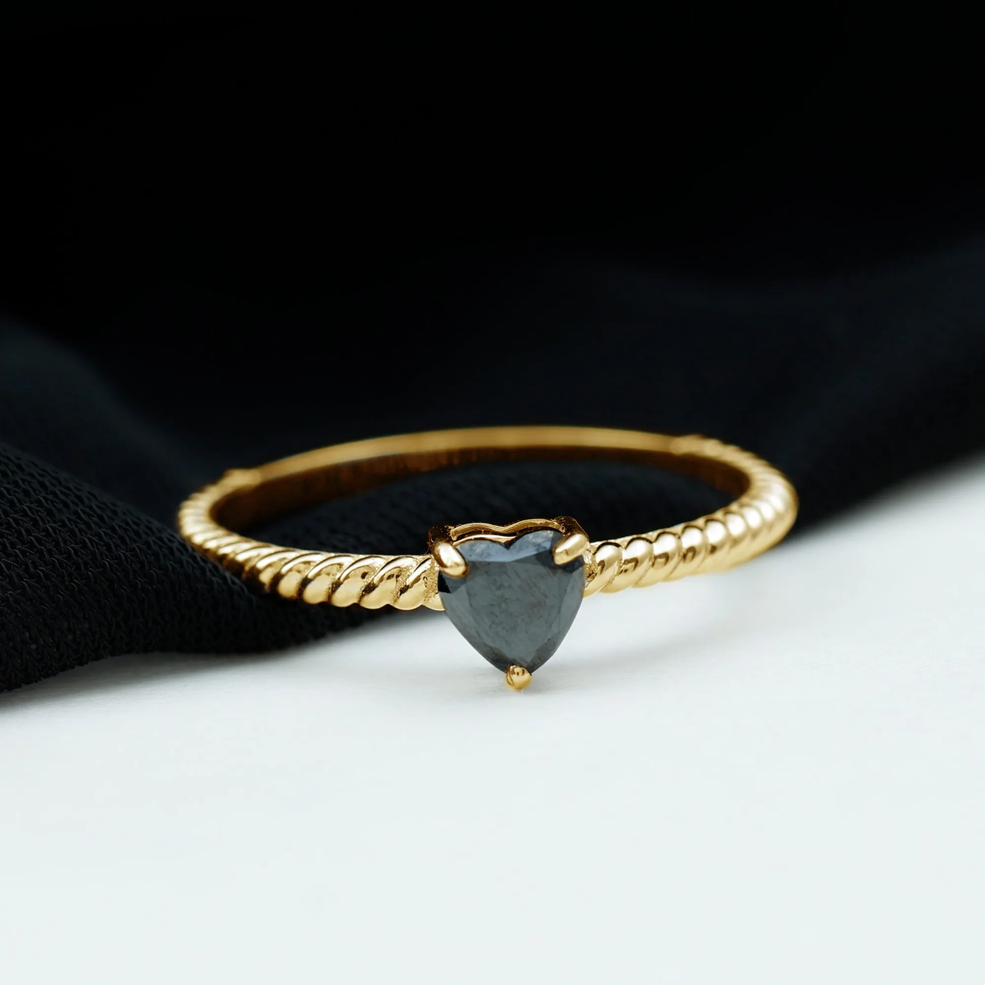 Heart Shape Solitaire Lab Grown Black Diamond Ring with Twisted Rope