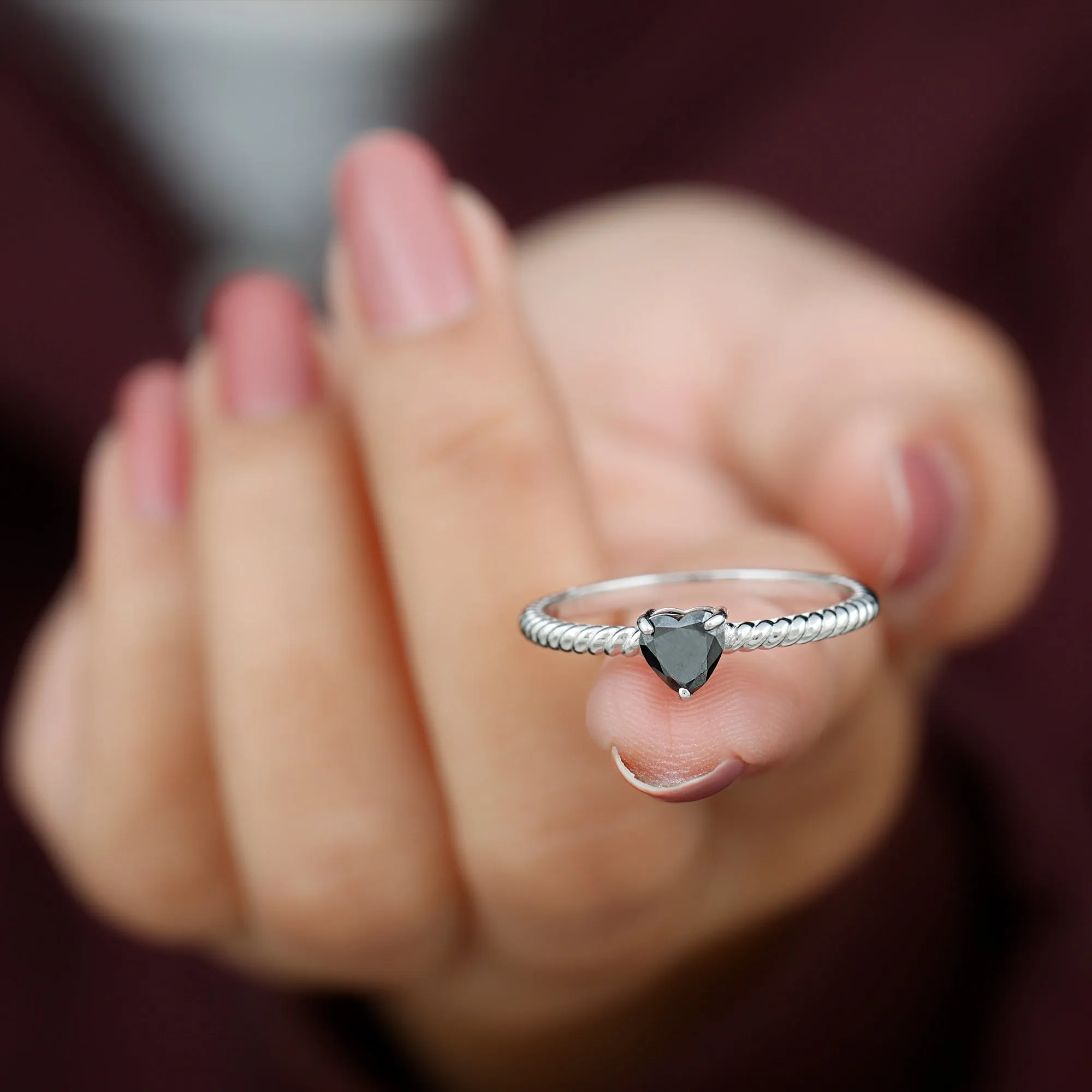 Heart Shape Solitaire Lab Grown Black Diamond Ring with Twisted Rope