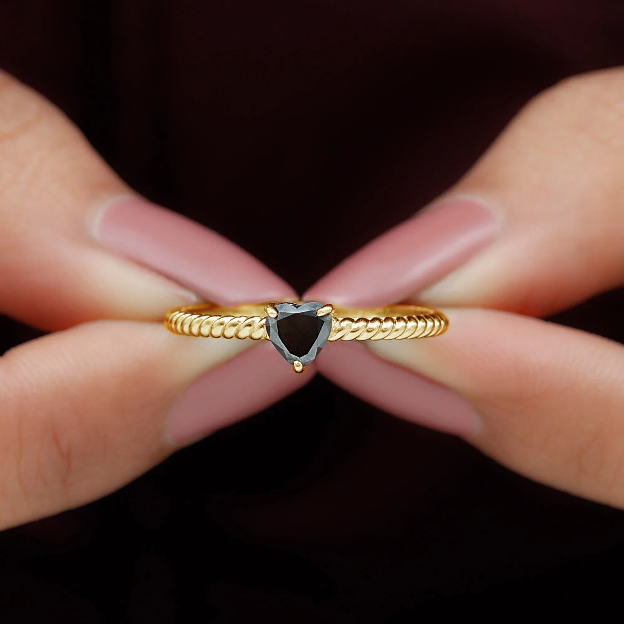 Heart Shape Solitaire Lab Grown Black Diamond Ring with Twisted Rope