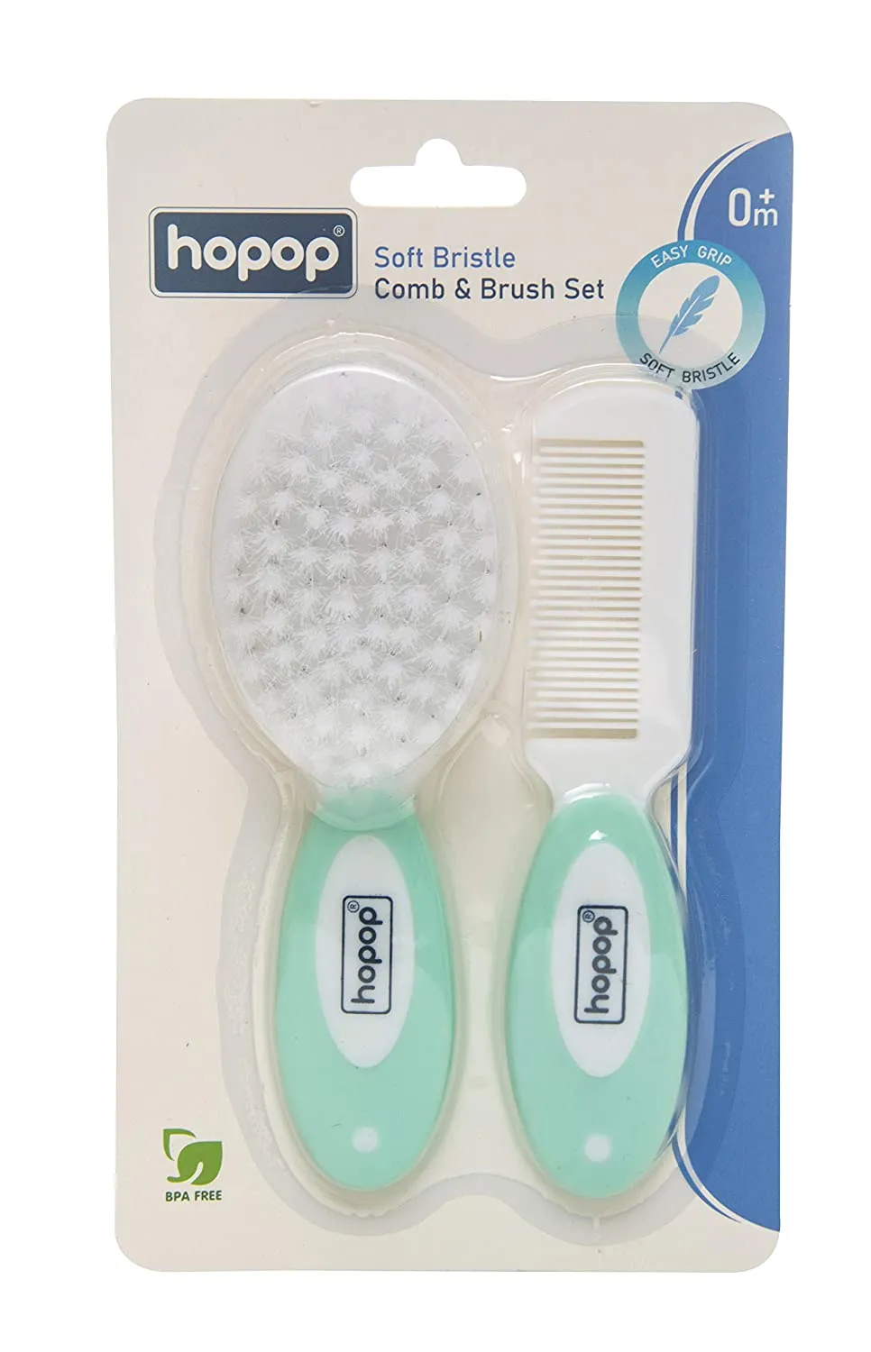 HOPOP Soft Bristle Comb & Brush Set For Babies - White & Green 0m 