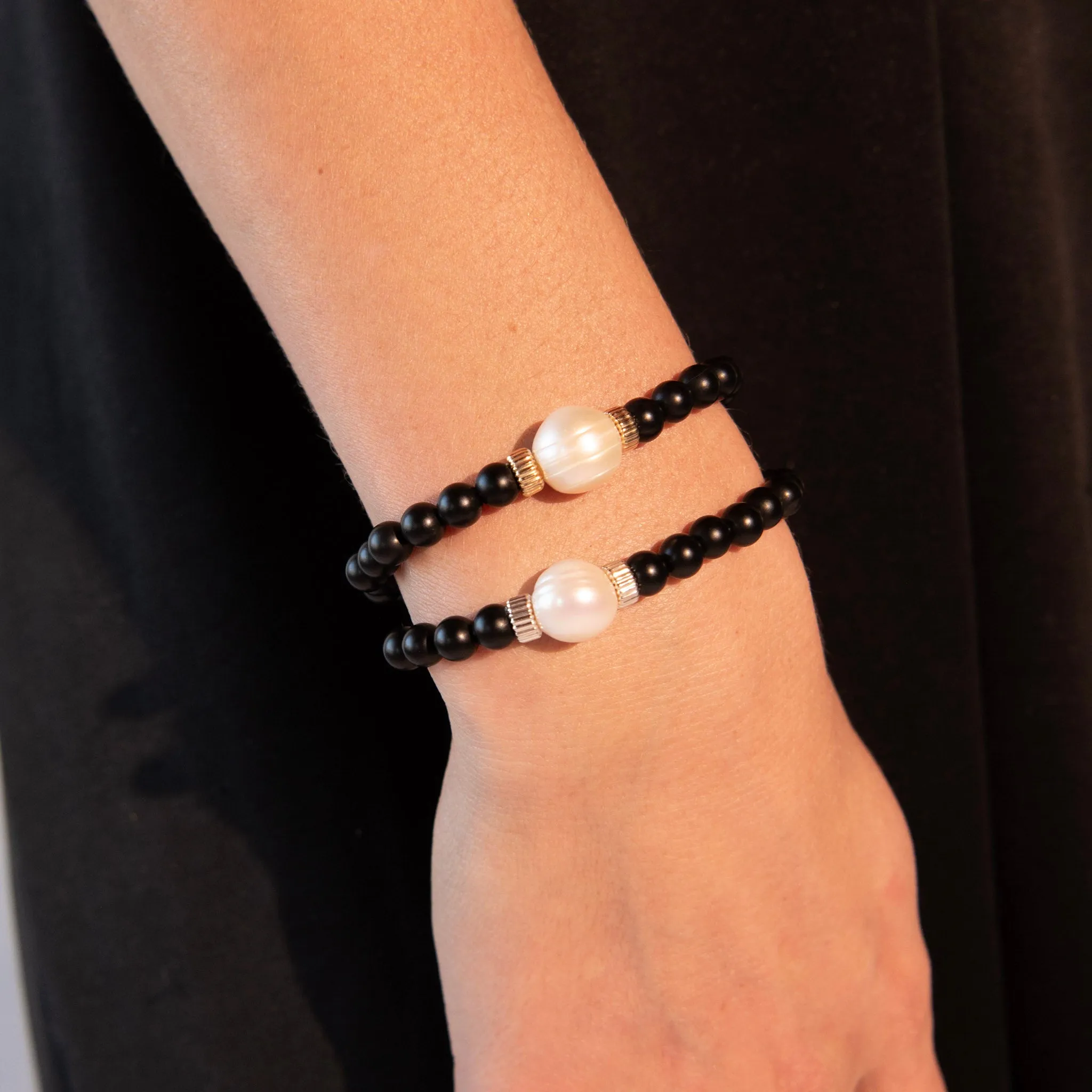 Matte Black Onyx & Freshwater Pearl Bracelet