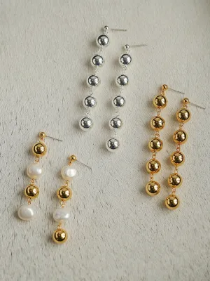 Metal Ball Beaded Spliced Pearl Drop Long Earrings