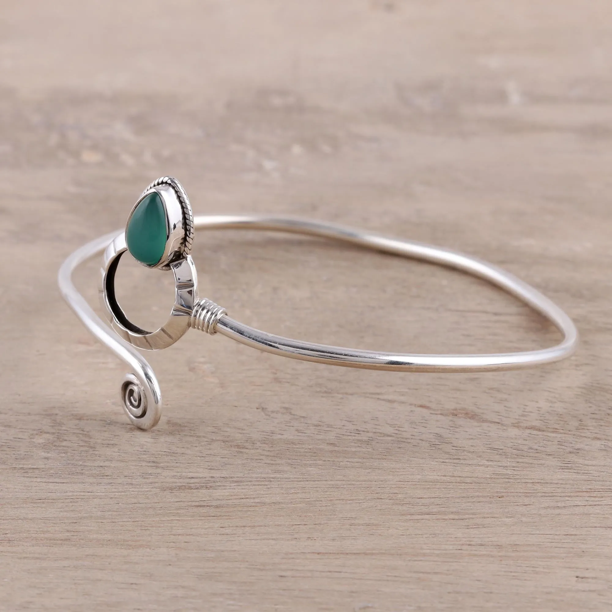 Modern Delhi Vibe Sterling Silver and Green Onyx Minimalist Cuff Bracelet