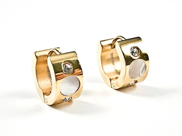 Nice Dainty CZ & Mother Of Pearl Gold Tone Huggie Steel Earrings