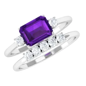 Octagon Cut Amethyst Contemporary Wedding Ring Set with Diamond